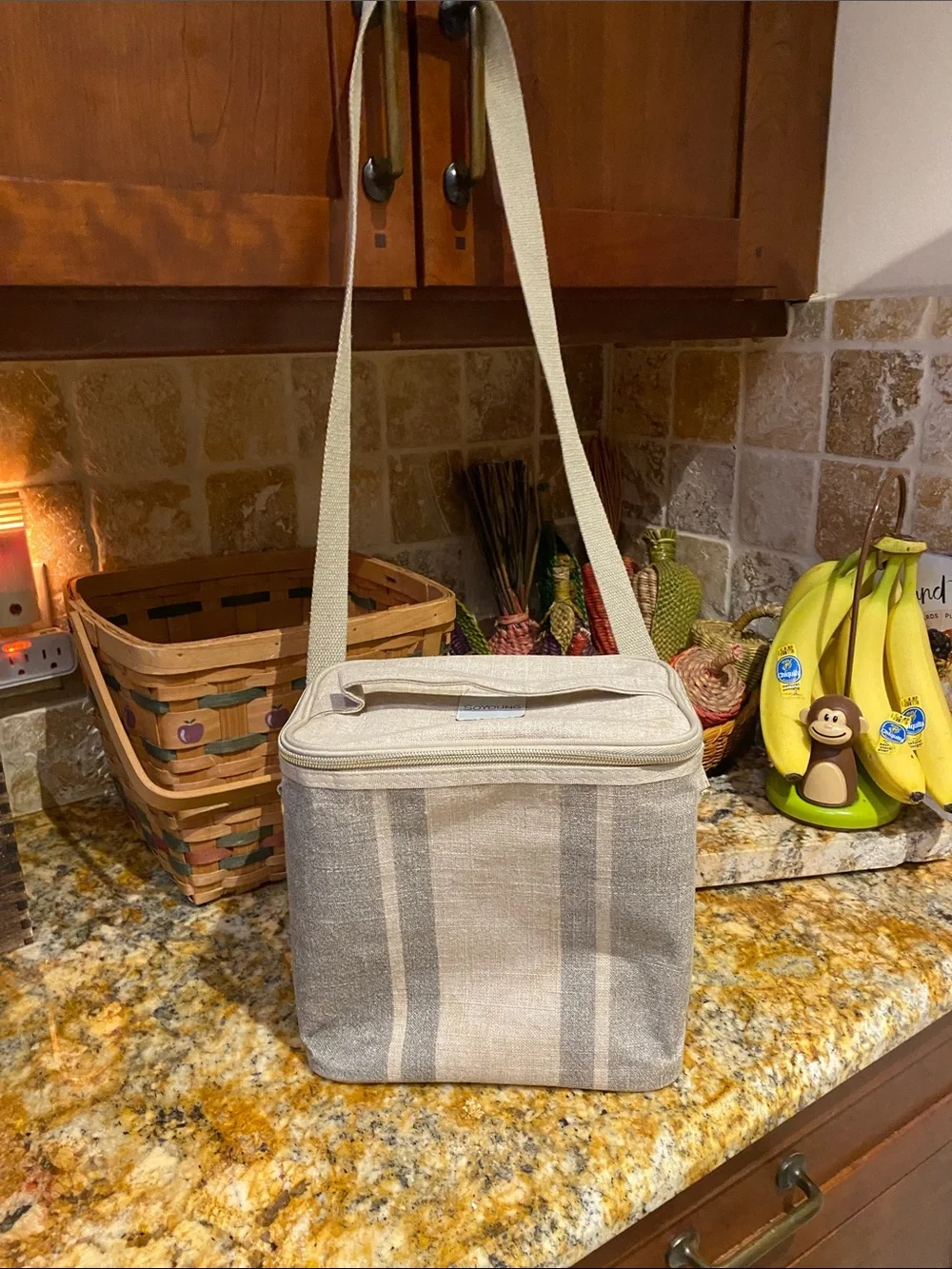 SOYOUNG/ Beige Stripe Canvas Cooler Bag-Lunch Box.